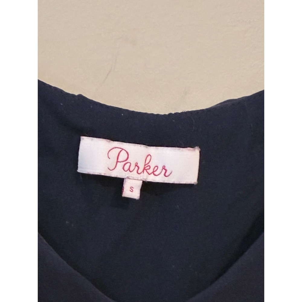 Parker Navy Blue 100% Silk Ruffle Cold Shoulder Mini Dress Small - Picture 2 of 7